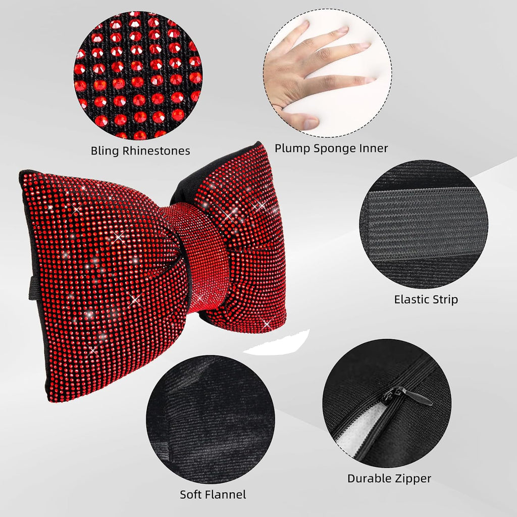 2 PCS Bling Car Pillows,Rhinestones Bowknot Car Headrest Pillow,Red | Car Neck Pillow for Driver Relax Neck Support,Sleeping Travel Support Neck Pillow,Diamond Interior Accessories for Women