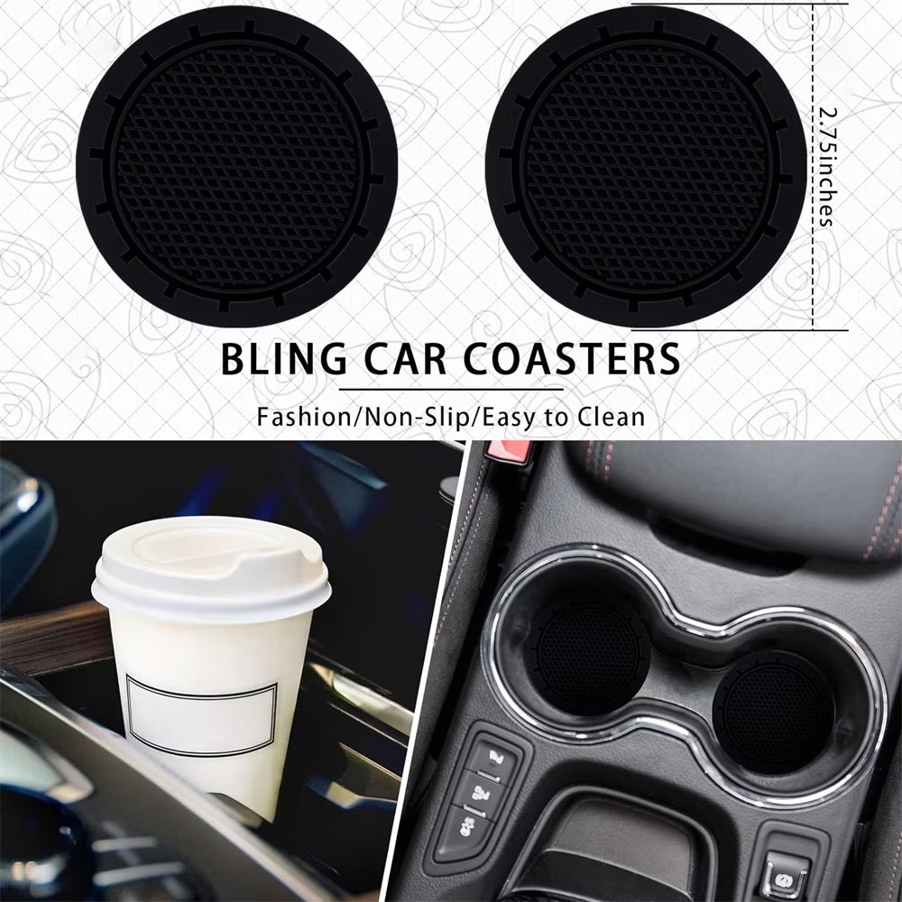 NOGIS 10PCS Leather Steering Wheel Cover for Women,Cute Car Accessories Set with Seat Belt Shoulder Pads, Cup Holders Bling Start Button Ring Sticker Air Vent Clip,Car Accessories (Black)