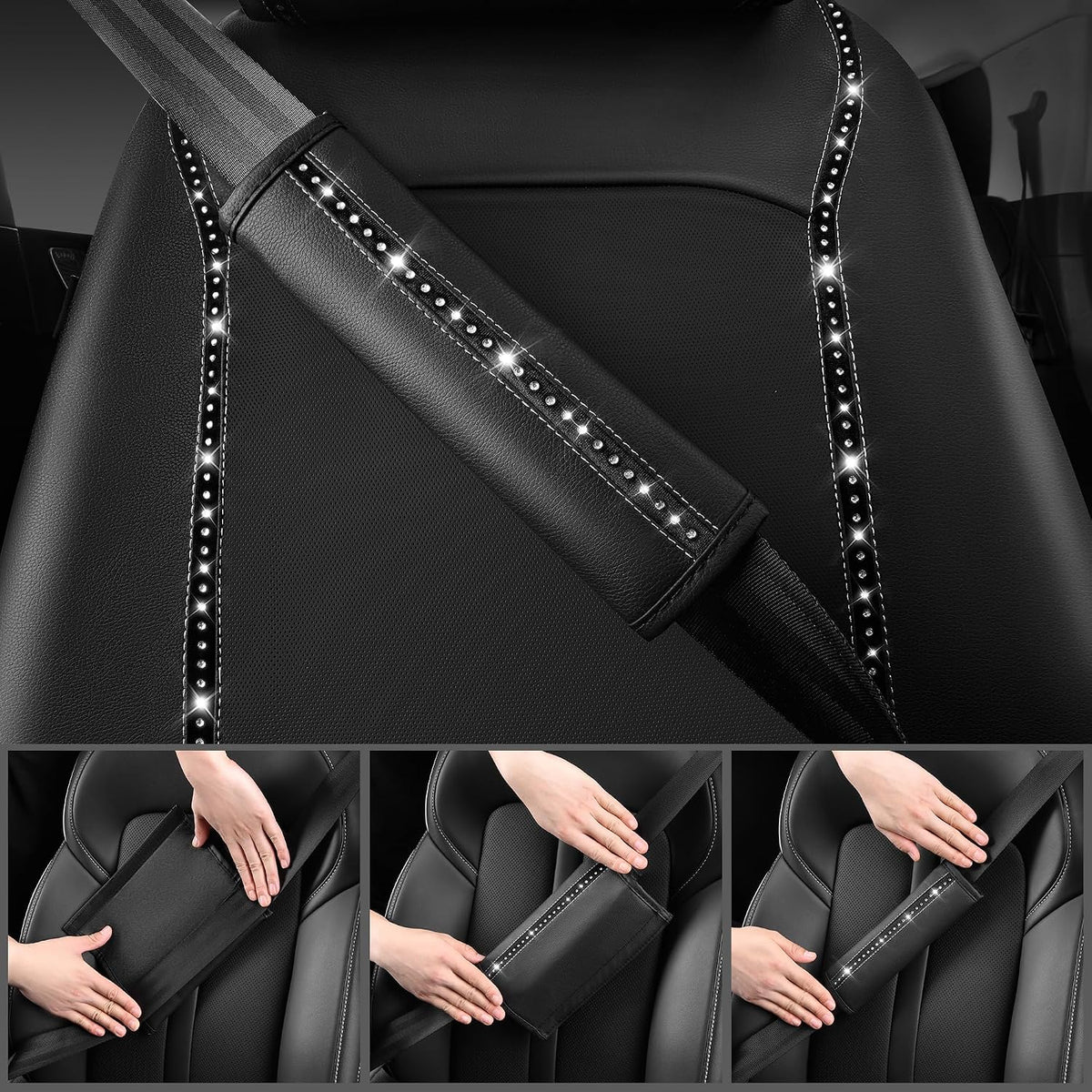 14 PCS Bling Diamond Car Accessories Set for Women, Leather Seat Covers Front Seats Sparkly Rhinestone 15'' Steering Wheel Covers Shining Diamond Car Floor Mats Cute Interior Sets, Silver