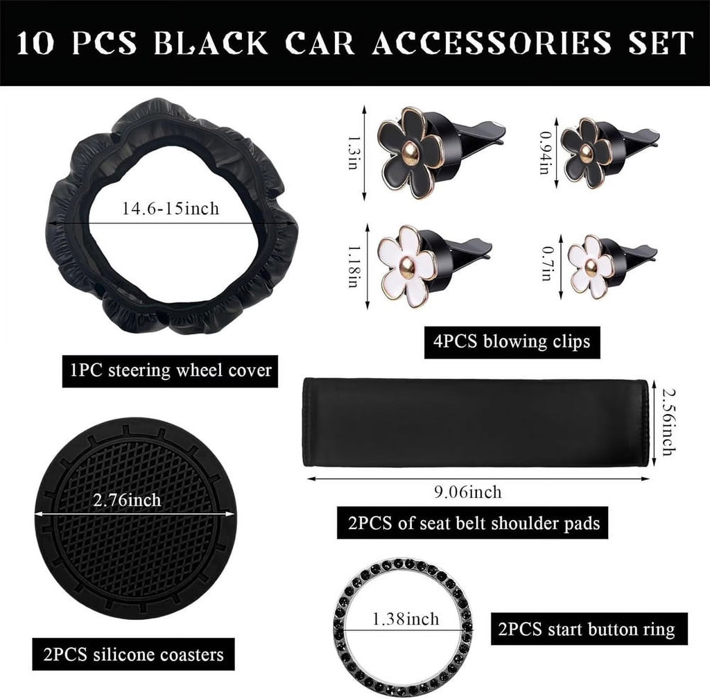 NOGIS 10PCS Leather Steering Wheel Cover for Women,Cute Car Accessories Set with Seat Belt Shoulder Pads, Cup Holders Bling Start Button Ring Sticker Air Vent Clip,Car Accessories (Black)