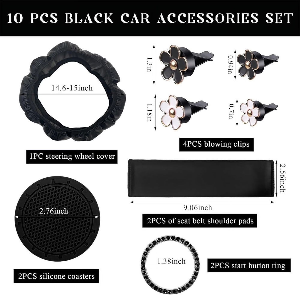 NOGIS 10PCS Leather Steering Wheel Cover for Women,Cute Car Accessories Set with Seat Belt Shoulder Pads, Cup Holders Bling Start Button Ring Sticker Air Vent Clip,Car Accessories (Black)