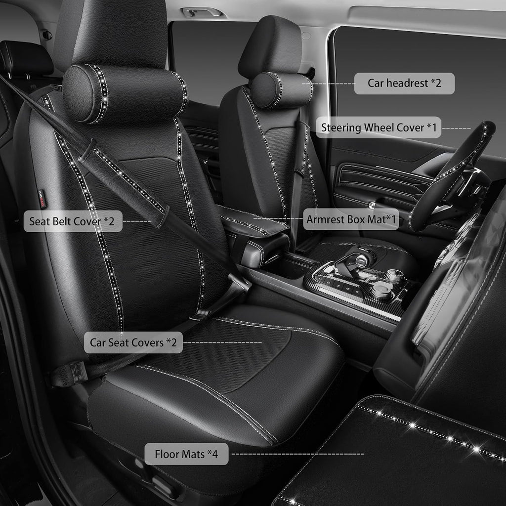 14 PCS Bling Diamond Car Accessories Set for Women, Leather Seat Covers Front Seats Sparkly Rhinestone 15'' Steering Wheel Covers Shining Diamond Car Floor Mats Cute Interior Sets, Silver