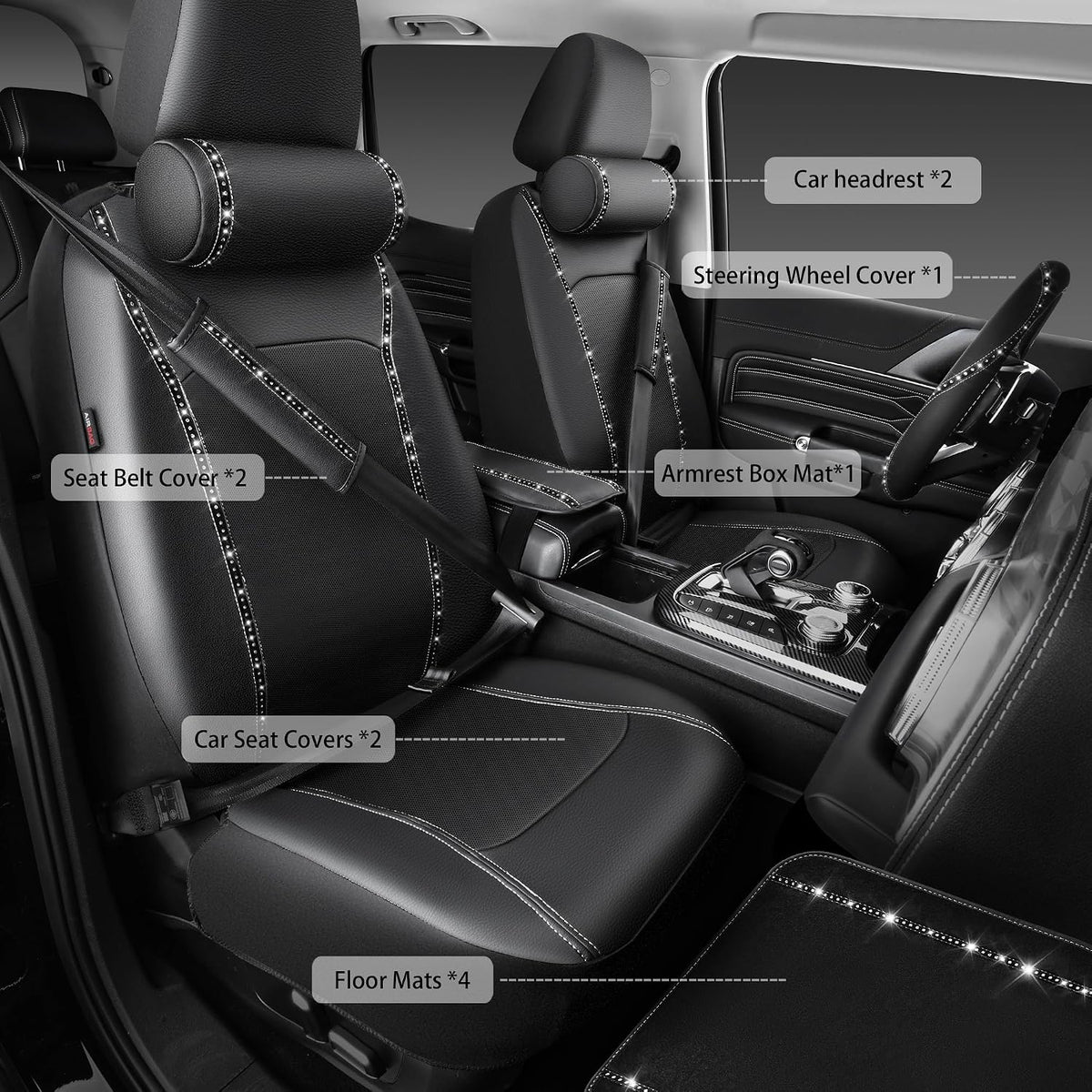 14 PCS Bling Diamond Car Accessories Set for Women, Leather Seat Covers Front Seats Sparkly Rhinestone 15'' Steering Wheel Covers Shining Diamond Car Floor Mats Cute Interior Sets, Silver