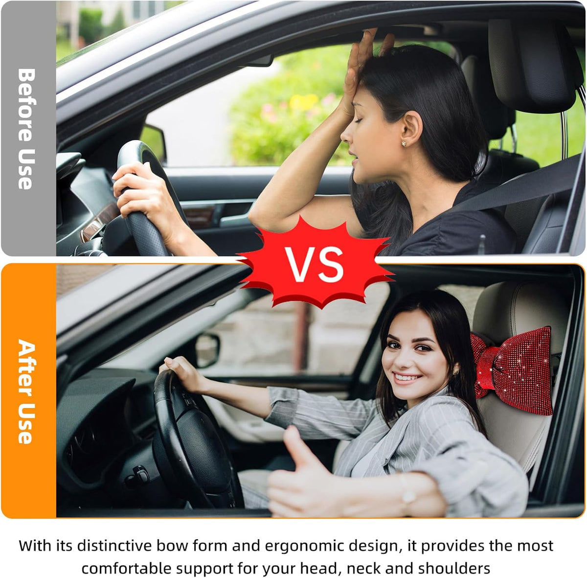 2 PCS Bling Car Pillows,Rhinestones Bowknot Car Headrest Pillow,Red | Car Neck Pillow for Driver Relax Neck Support,Sleeping Travel Support Neck Pillow,Diamond Interior Accessories for Women