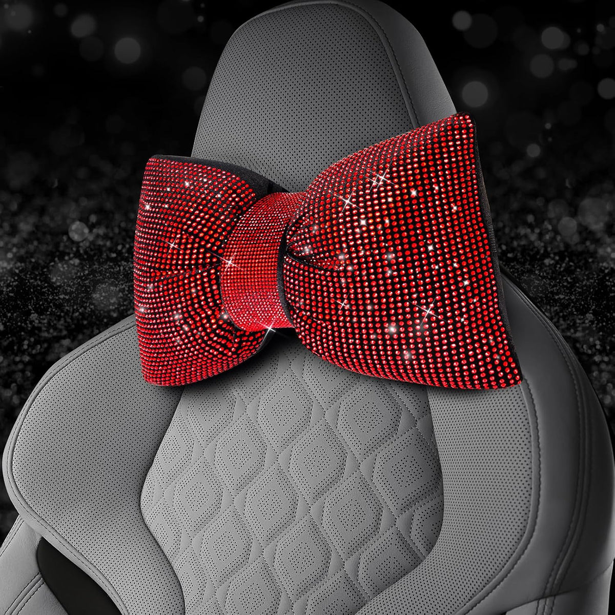 2 PCS Bling Car Pillows,Rhinestones Bowknot Car Headrest Pillow,Red | Car Neck Pillow for Driver Relax Neck Support,Sleeping Travel Support Neck Pillow,Diamond Interior Accessories for Women