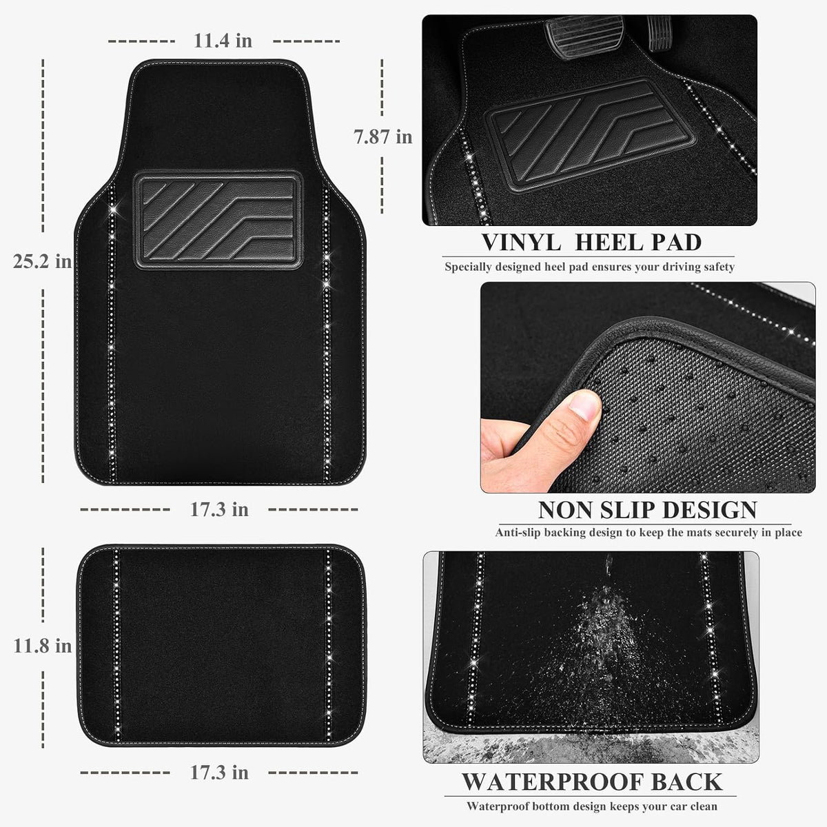14 PCS Bling Diamond Car Accessories Set for Women, Leather Seat Covers Front Seats Sparkly Rhinestone 15'' Steering Wheel Covers Shining Diamond Car Floor Mats Cute Interior Sets, Silver