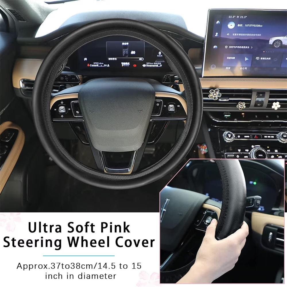 NOGIS 10PCS Leather Steering Wheel Cover for Women,Cute Car Accessories Set with Seat Belt Shoulder Pads, Cup Holders Bling Start Button Ring Sticker Air Vent Clip,Car Accessories (Black)