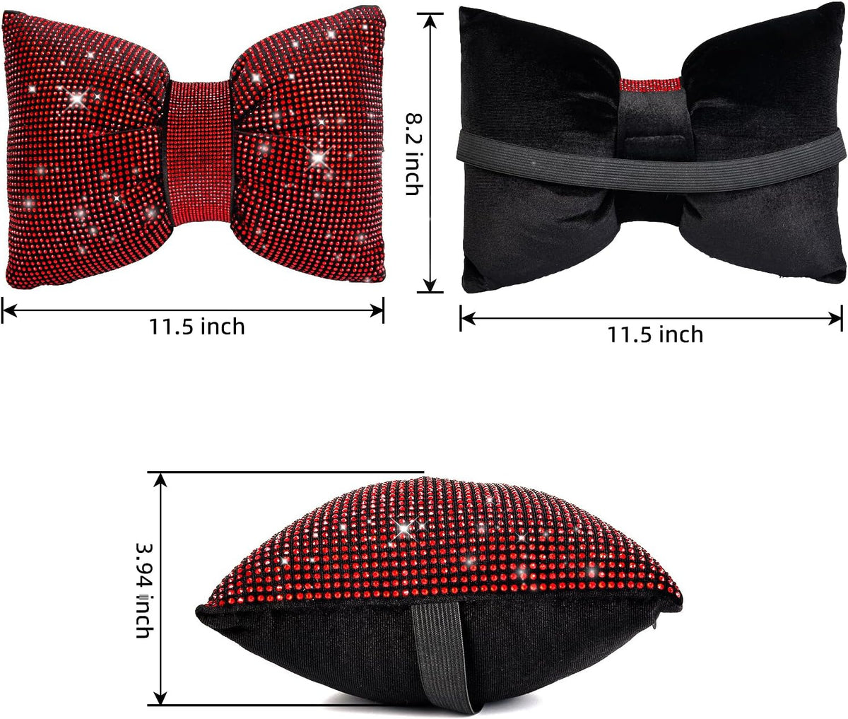 2 PCS Bling Car Pillows,Rhinestones Bowknot Car Headrest Pillow,Red | Car Neck Pillow for Driver Relax Neck Support,Sleeping Travel Support Neck Pillow,Diamond Interior Accessories for Women