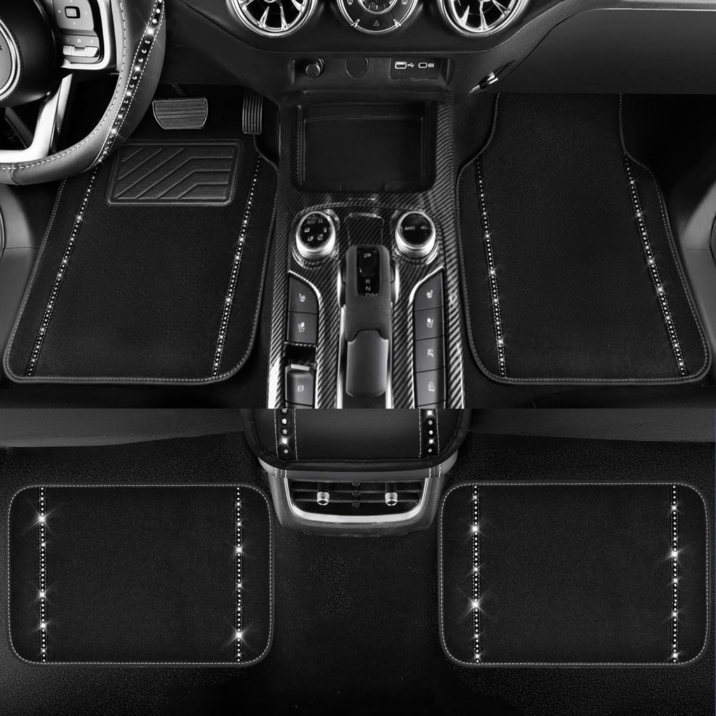 14 PCS Bling Diamond Car Accessories Set for Women, Leather Seat Covers Front Seats Sparkly Rhinestone 15'' Steering Wheel Covers Shining Diamond Car Floor Mats Cute Interior Sets, Silver