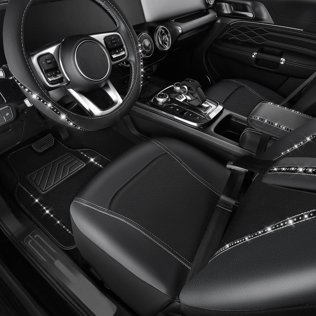 14 PCS Bling Diamond Car Accessories Set for Women, Leather Seat Covers Front Seats Sparkly Rhinestone 15'' Steering Wheel Covers Shining Diamond Car Floor Mats Cute Interior Sets, Silver