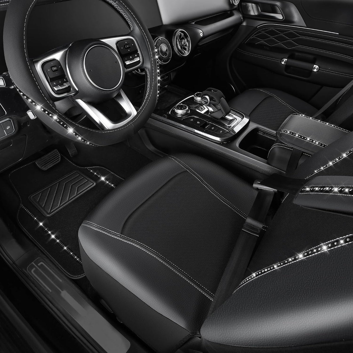 14 PCS Bling Diamond Car Accessories Set for Women, Leather Seat Covers Front Seats Sparkly Rhinestone 15'' Steering Wheel Covers Shining Diamond Car Floor Mats Cute Interior Sets, Silver