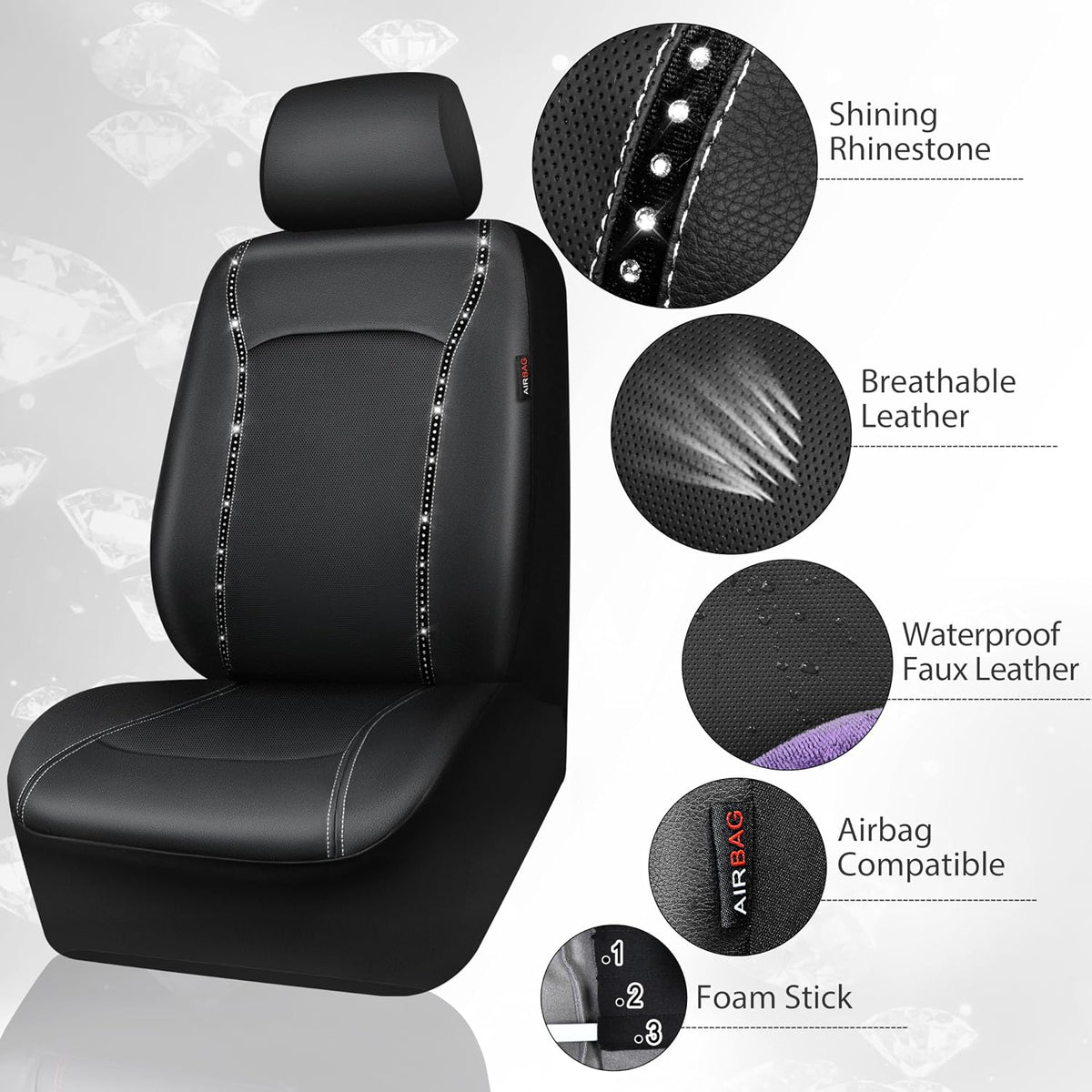 14 PCS Bling Diamond Car Accessories Set for Women, Leather Seat Covers Front Seats Sparkly Rhinestone 15'' Steering Wheel Covers Shining Diamond Car Floor Mats Cute Interior Sets, Silver