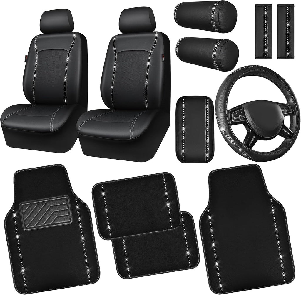 14 PCS Bling Diamond Car Accessories Set for Women, Leather Seat Covers Front Seats Sparkly Rhinestone 15'' Steering Wheel Covers Shining Diamond Car Floor Mats Cute Interior Sets, Silver