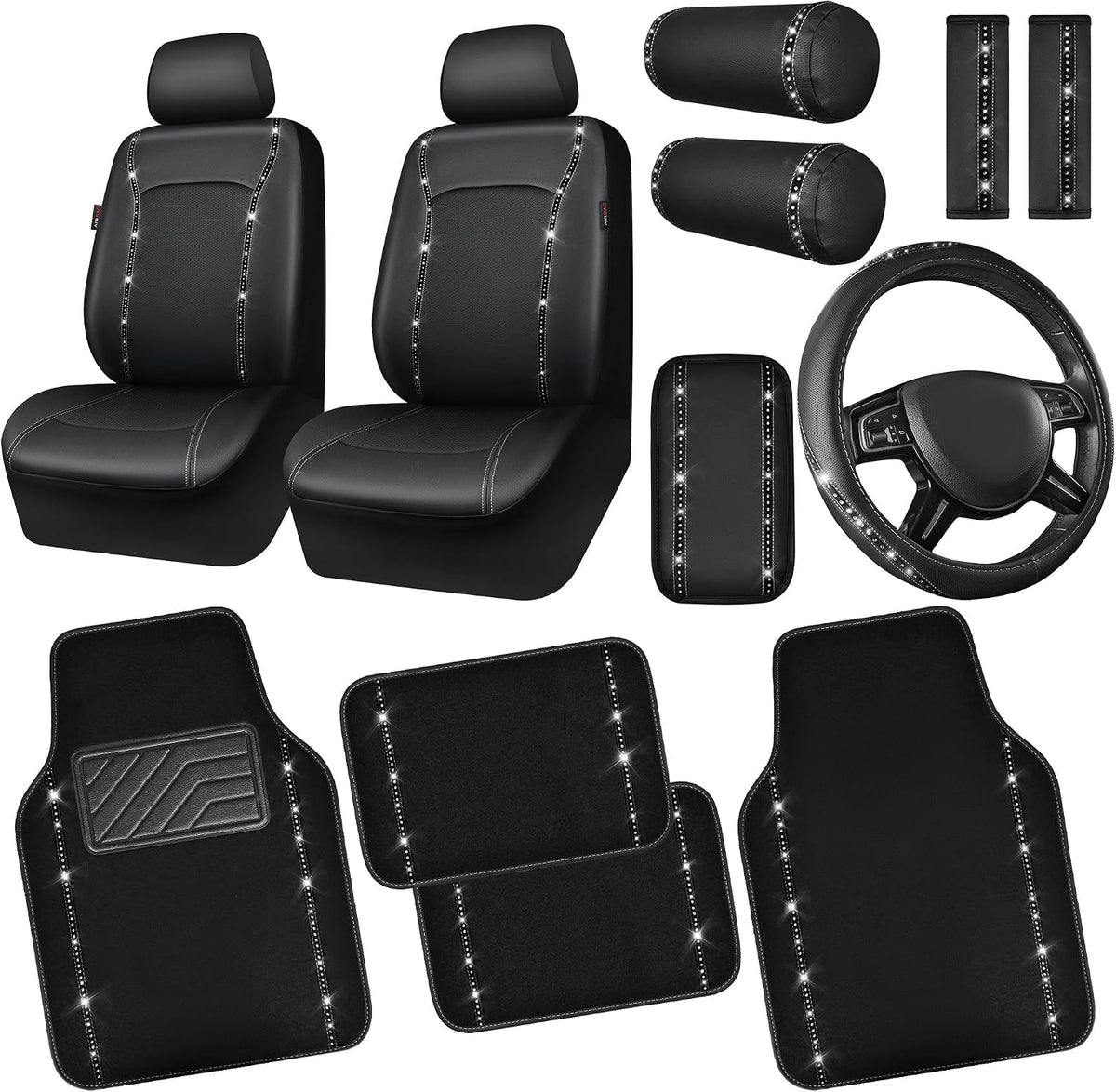 14 PCS Bling Diamond Car Accessories Set for Women, Leather Seat Covers Front Seats Sparkly Rhinestone 15'' Steering Wheel Covers Shining Diamond Car Floor Mats Cute Interior Sets, Silver