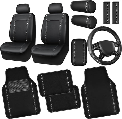 14 PCS Bling Diamond Car Accessories Set for Women, Leather Seat Covers Front Seats Sparkly Rhinestone 15'' Steering Wheel Covers Shining Diamond Car Floor Mats Cute Interior Sets, Silver