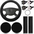 NOGIS 10PCS Leather Steering Wheel Cover for Women,Cute Car Accessories Set with Seat Belt Shoulder Pads, Cup Holders Bling Start Button Ring Sticker Air Vent Clip,Car Accessories (Black)