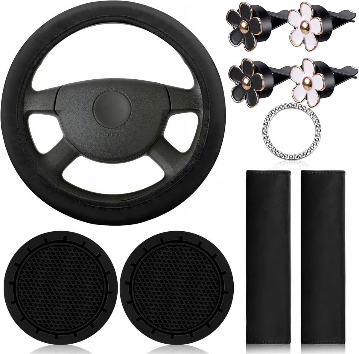 NOGIS 10PCS Leather Steering Wheel Cover for Women,Cute Car Accessories Set with Seat Belt Shoulder Pads, Cup Holders Bling Start Button Ring Sticker Air Vent Clip,Car Accessories (Black)