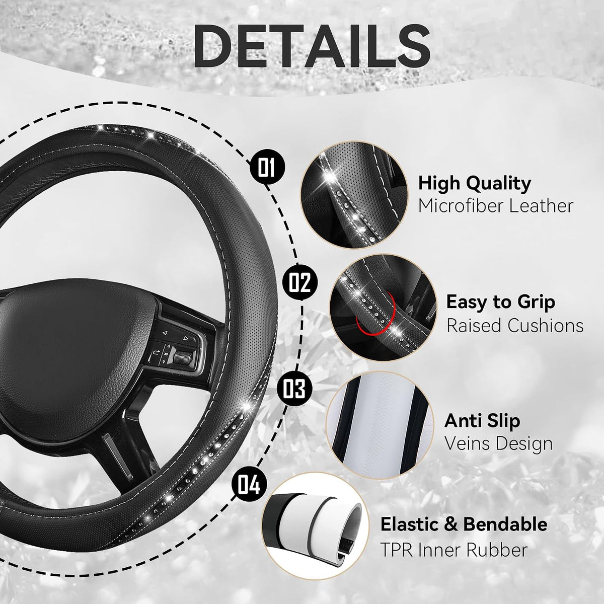 14 PCS Bling Diamond Car Accessories Set for Women, Leather Seat Covers Front Seats Sparkly Rhinestone 15'' Steering Wheel Covers Shining Diamond Car Floor Mats Cute Interior Sets, Silver