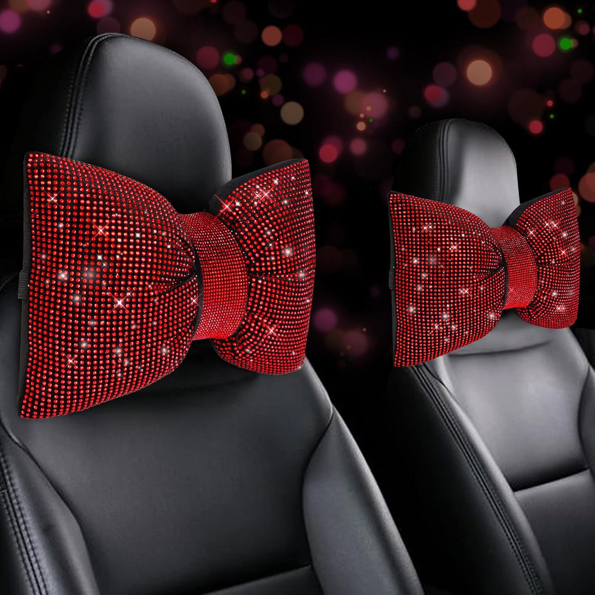 2 PCS Bling Car Pillows,Rhinestones Bowknot Car Headrest Pillow,Red | Car Neck Pillow for Driver Relax Neck Support,Sleeping Travel Support Neck Pillow,Diamond Interior Accessories for Women