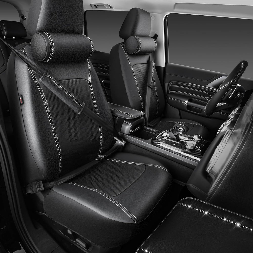 14 PCS Bling Diamond Car Accessories Set for Women, Leather Seat Covers Front Seats Sparkly Rhinestone 15'' Steering Wheel Covers Shining Diamond Car Floor Mats Cute Interior Sets, Silver