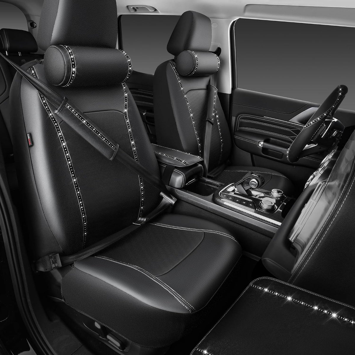 14 PCS Bling Diamond Car Accessories Set for Women, Leather Seat Covers Front Seats Sparkly Rhinestone 15'' Steering Wheel Covers Shining Diamond Car Floor Mats Cute Interior Sets, Silver