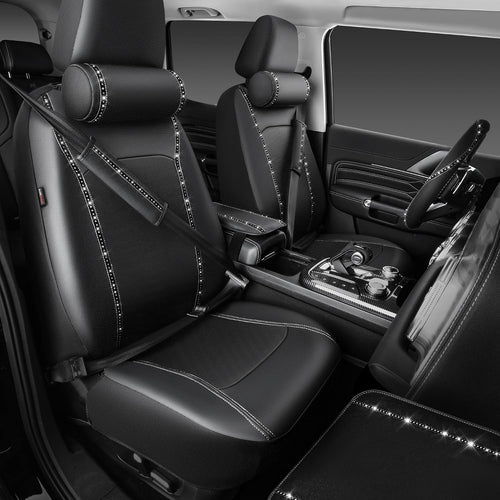 14 PCS Bling Diamond Car Accessories Set for Women, Leather Seat Covers Front Seats Sparkly Rhinestone 15'' Steering Wheel Covers Shining Diamond Car Floor Mats Cute Interior Sets, Silver